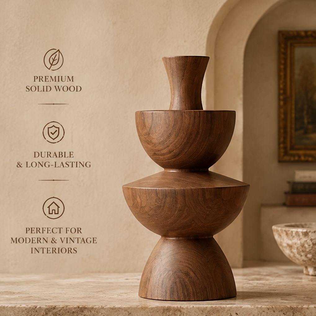 Solid wood tiered vase displayed on a stone tabletop in a warm neutral interior