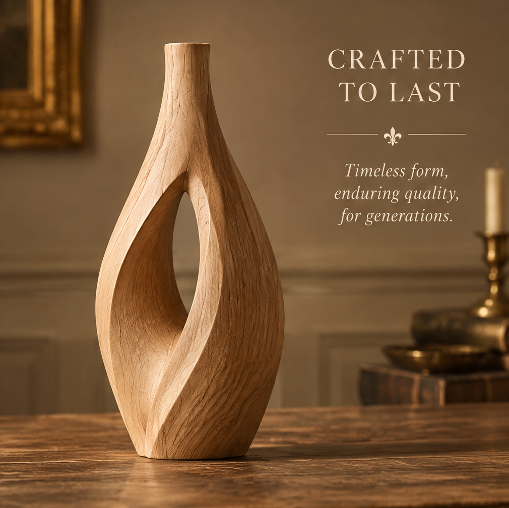 Natural wood open-center vase displayed on a wooden table beside books and a candleholder