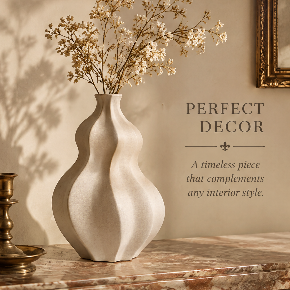 Cream wave-shaped vase with dried flowering stems displayed on a marble console beside a candleholder