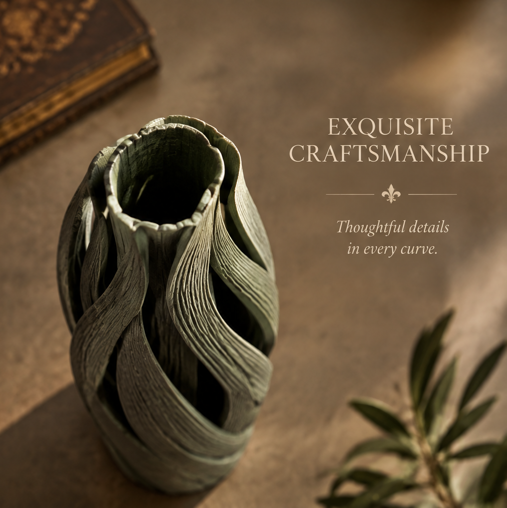 Top view of the olive green twist vase showing its central opening and layered curved rim