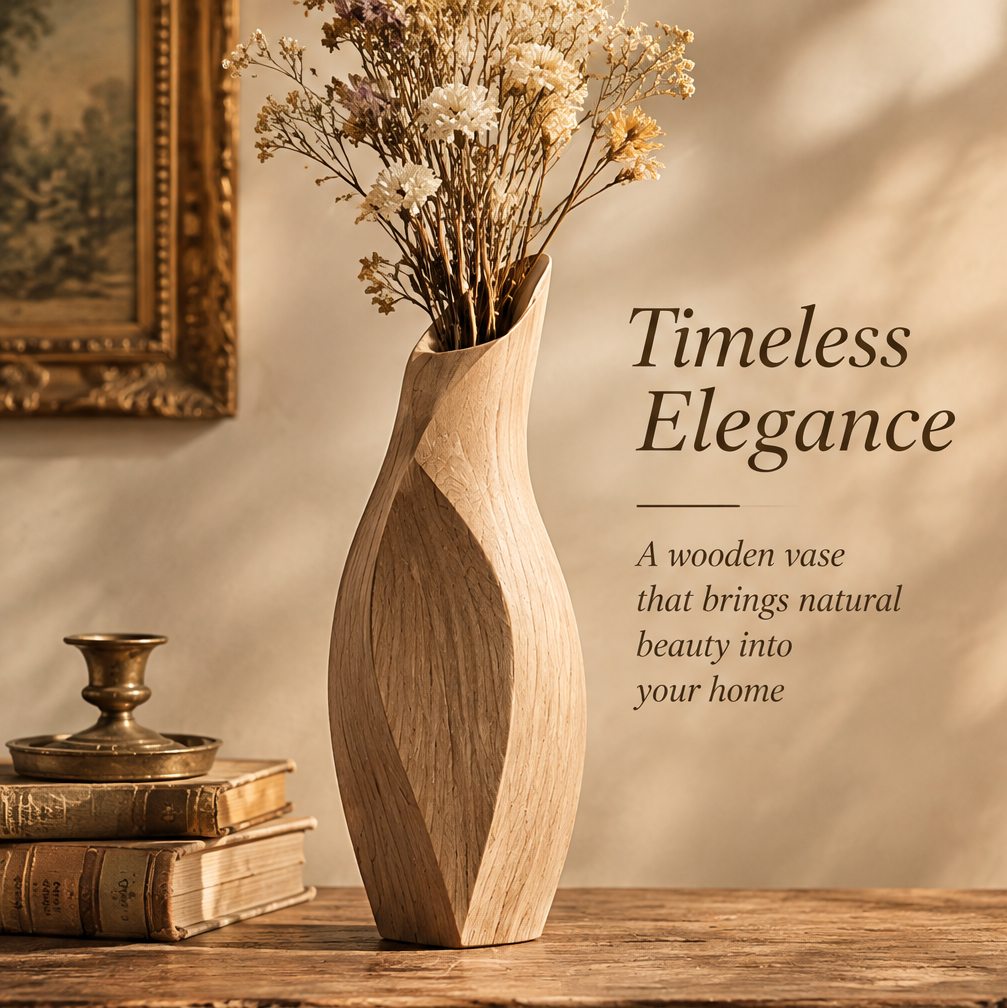 Natural wood twist vase displayed on a wooden table beside stacked books and framed artwork.
