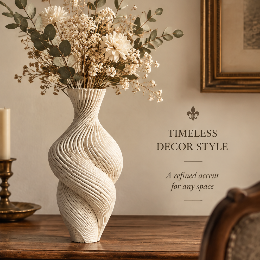 Sculptural cream twist vase with flowers displayed on a wooden table beside a candleholder