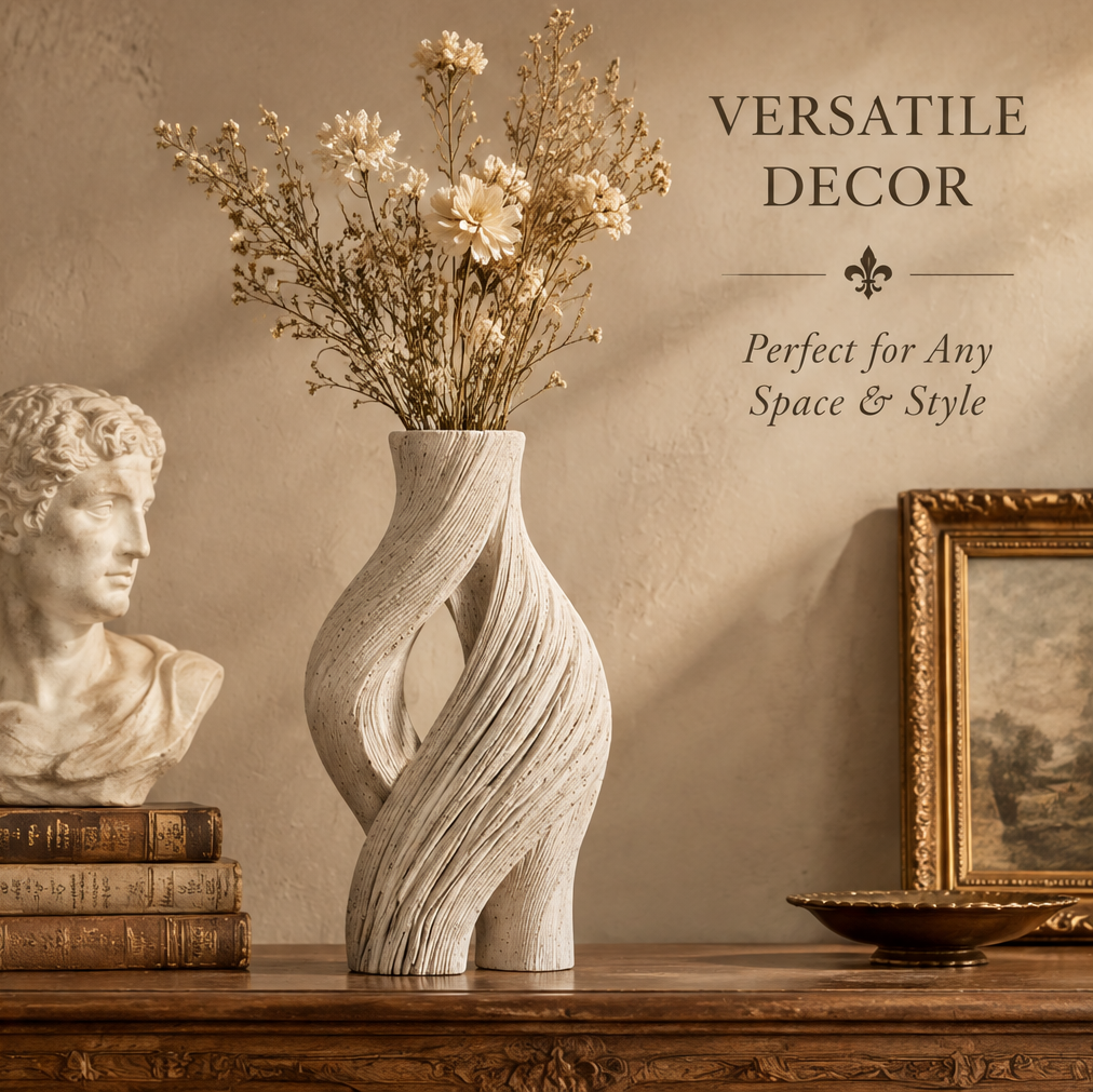 Cream open-loop vase with floral stems displayed beside a classical bust, books, and framed artwork