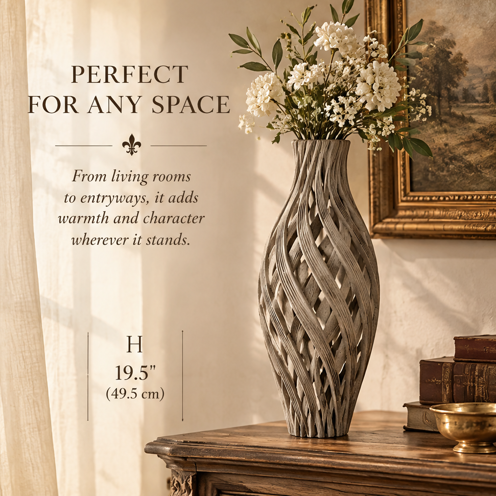 Woven ceramic vase styled on a console with flowers; image states height of 19.5 inches, or 49.5 cm