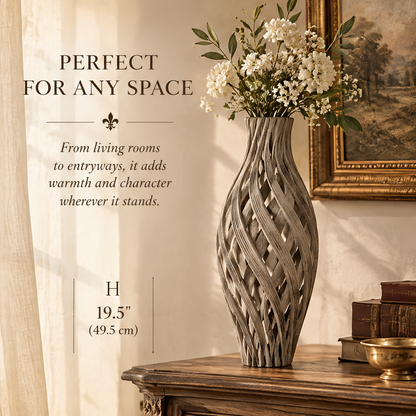 Woven ceramic vase styled on a console with flowers; image states height of 19.5 inches, or 49.5 cm