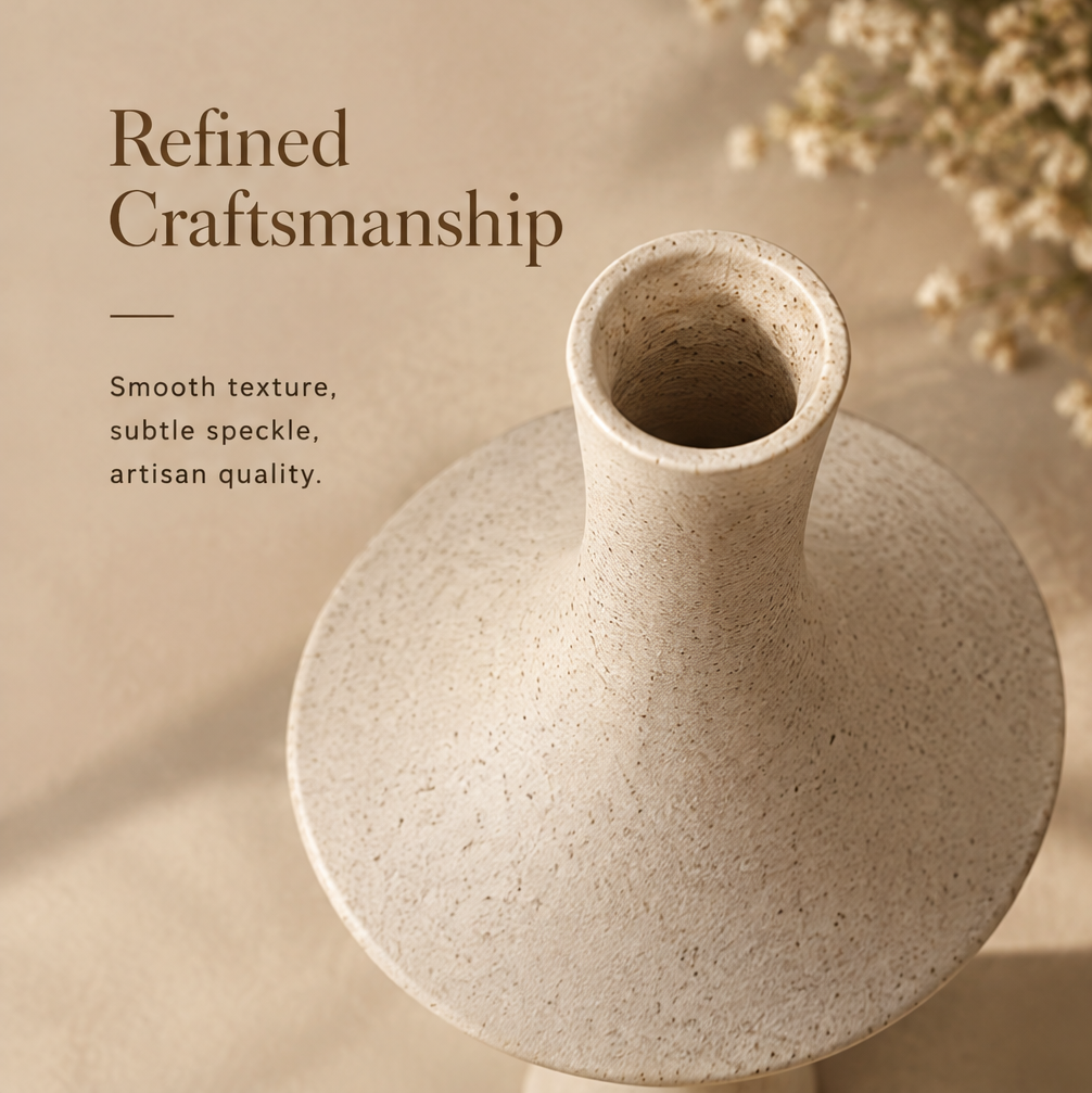 Close-up of the ceramic vase's rim and shoulder highlighting its subtle speckles and refined finish