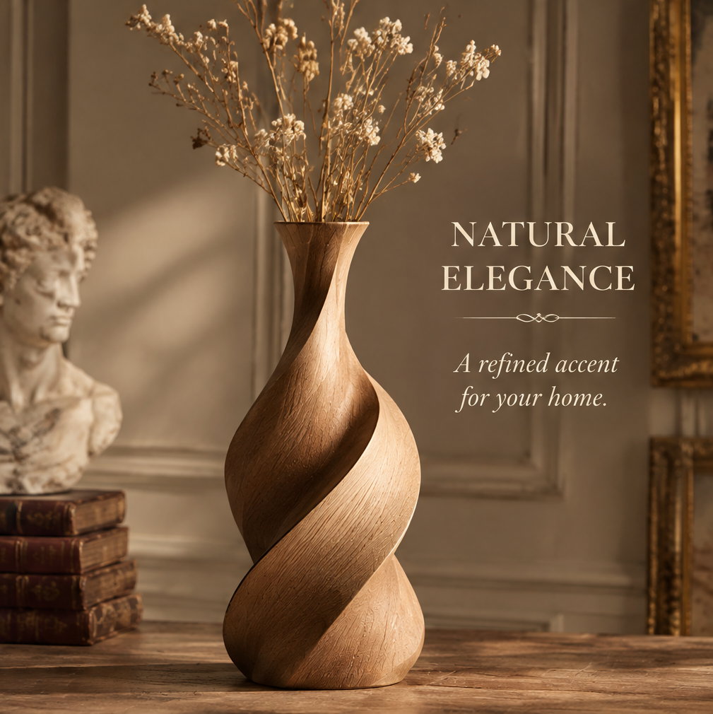 Wooden spiral vase styled with dried stems beside books and a classical bust