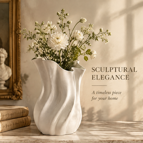 Cream ruffled wave vase styled with white flowers beside stacked books and framed artwork