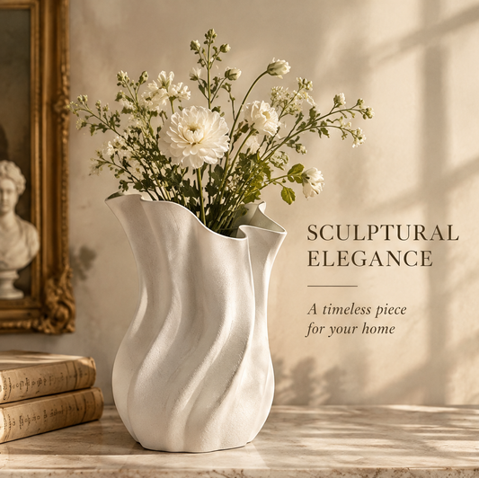 Cream ruffled wave vase styled with white flowers beside stacked books and framed artwork