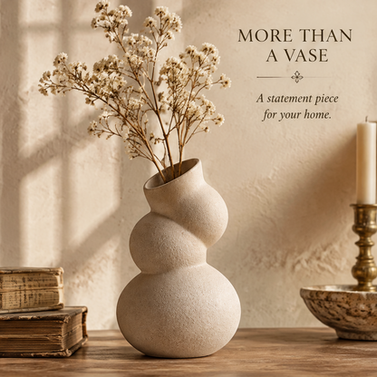 Cream ceramic bubble vase styled with dried flowers beside books and a candleholder