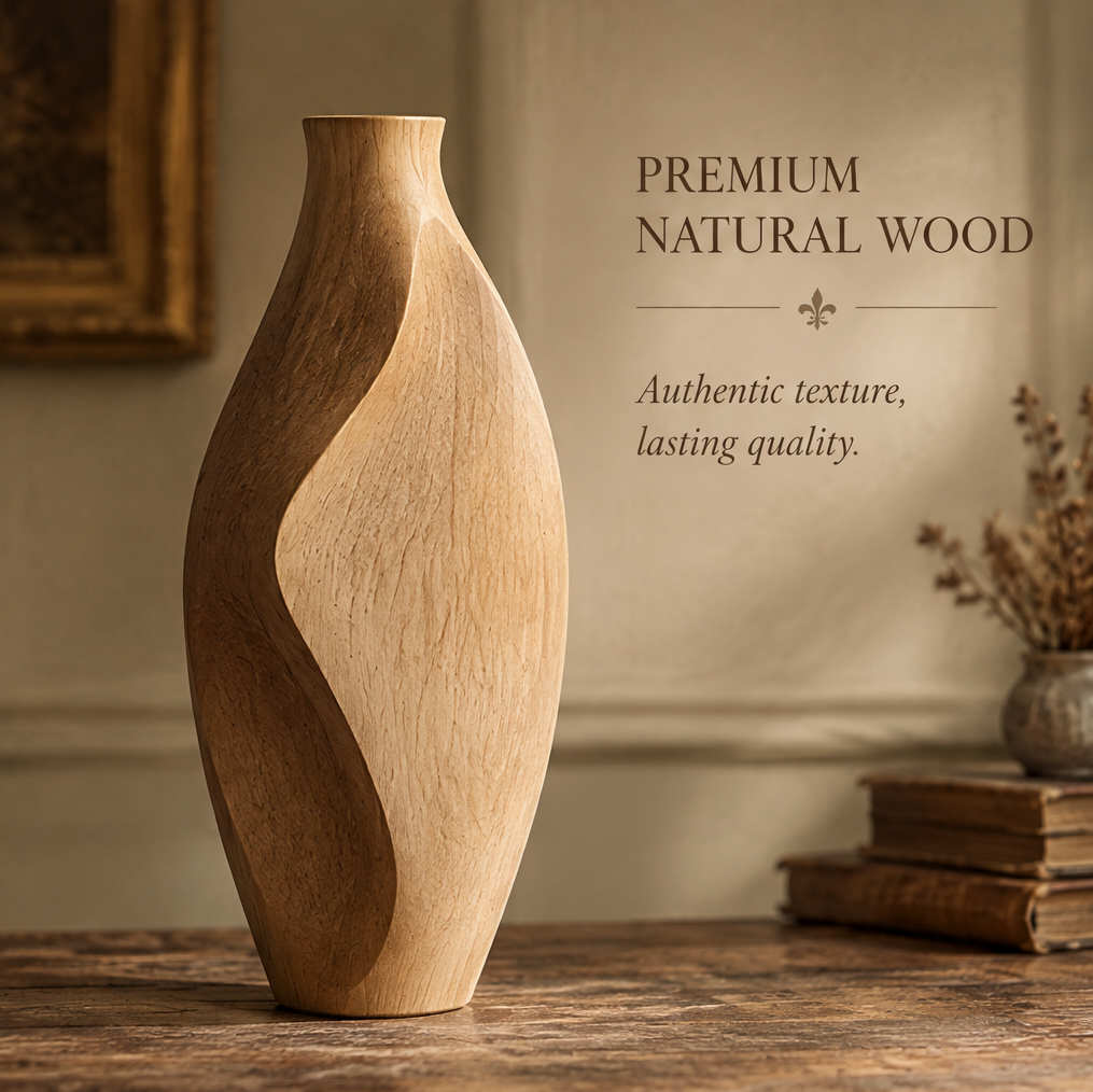 Alternate view of the wooden twist vase showing curved contours and visible wood grain
