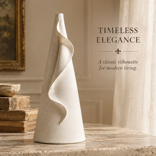Cream tapered ceramic vase with a flowing ribbon-like curve, shown in full view beside books