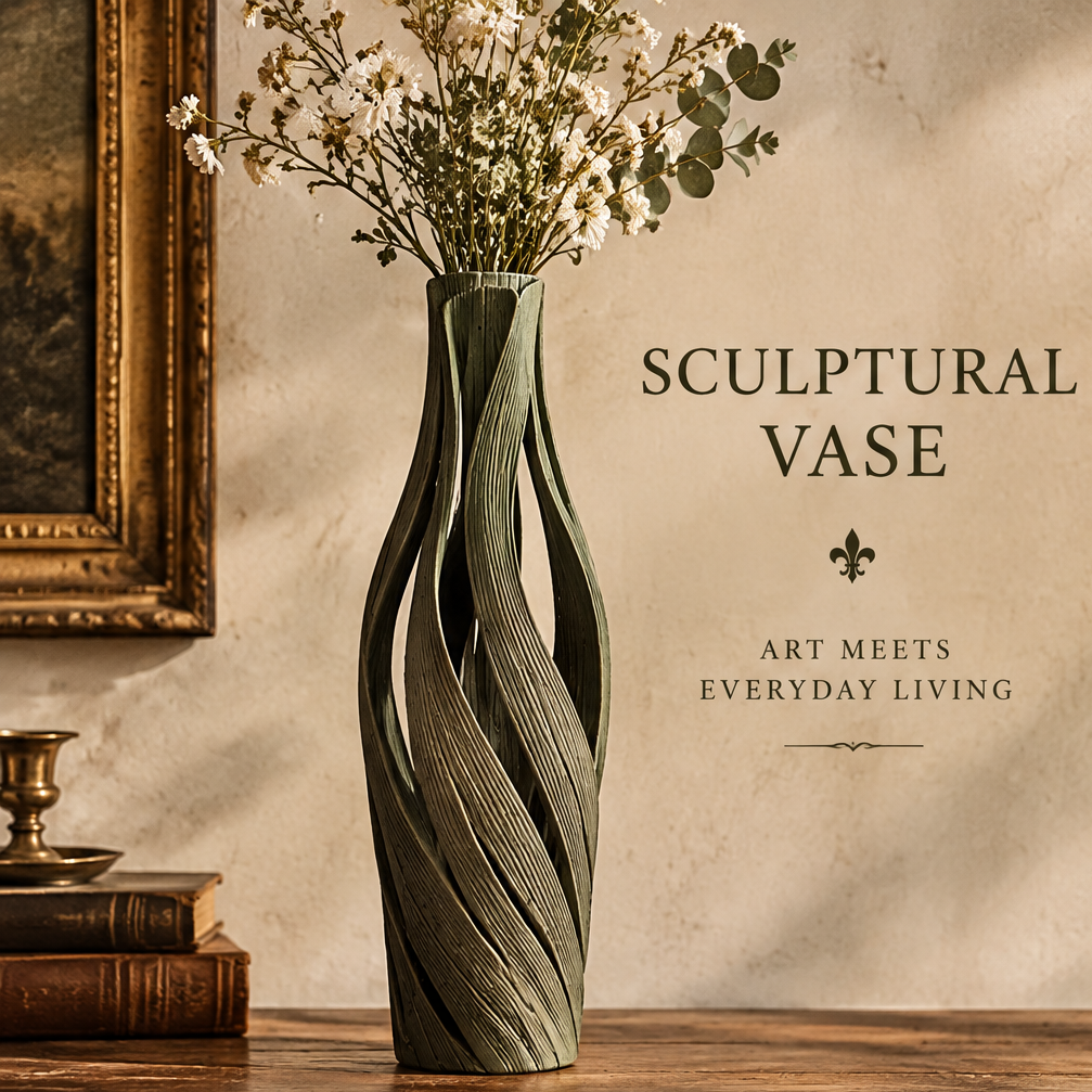 Olive green sculptural vase styled with white flowers and leafy stems beside books