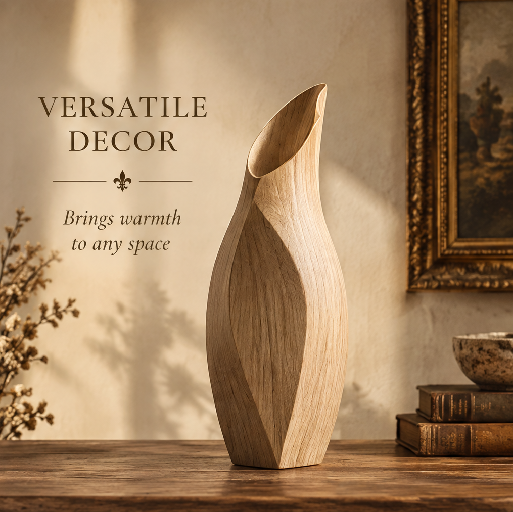 Natural wood sculptural vase with flowing curves and a slanted oval opening.