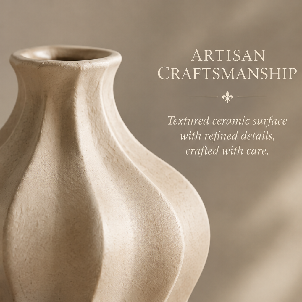 Close-up of the ceramic vase's neck and curved shoulder showing textured surface details