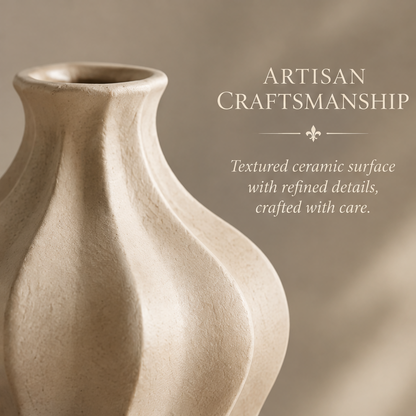 Close-up of the ceramic vase's neck and curved shoulder showing textured surface details