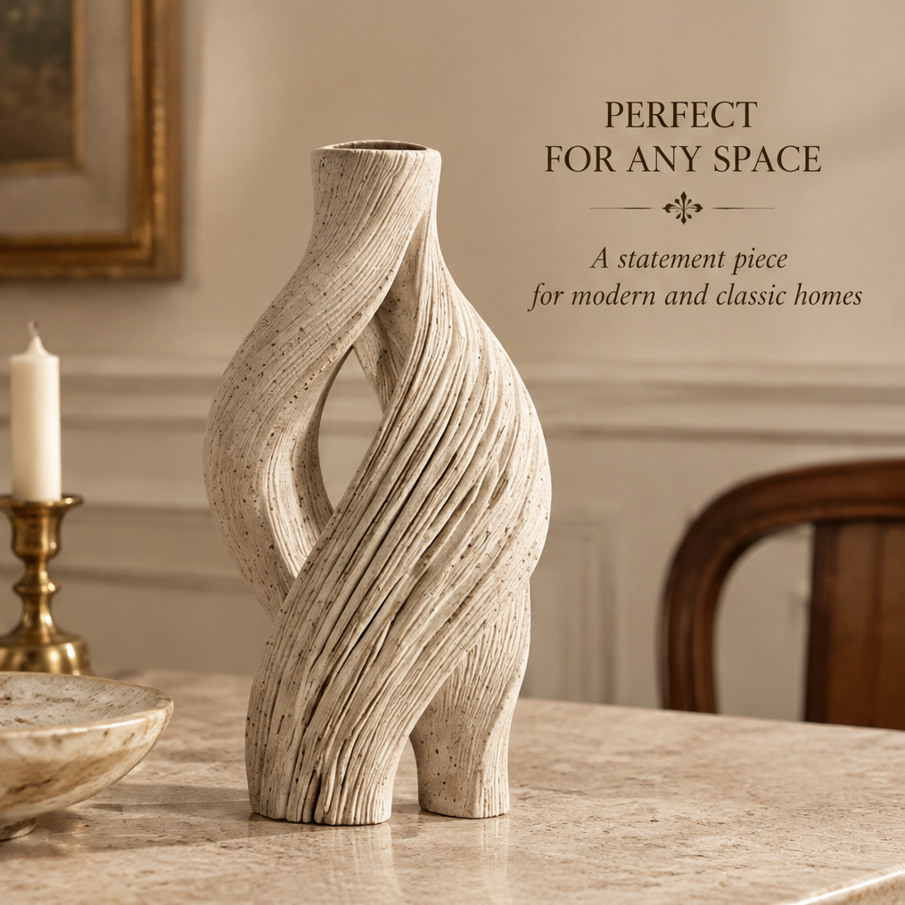 Cream open-loop sculptural vase shown in full view with intertwined ridged curves and an open center
