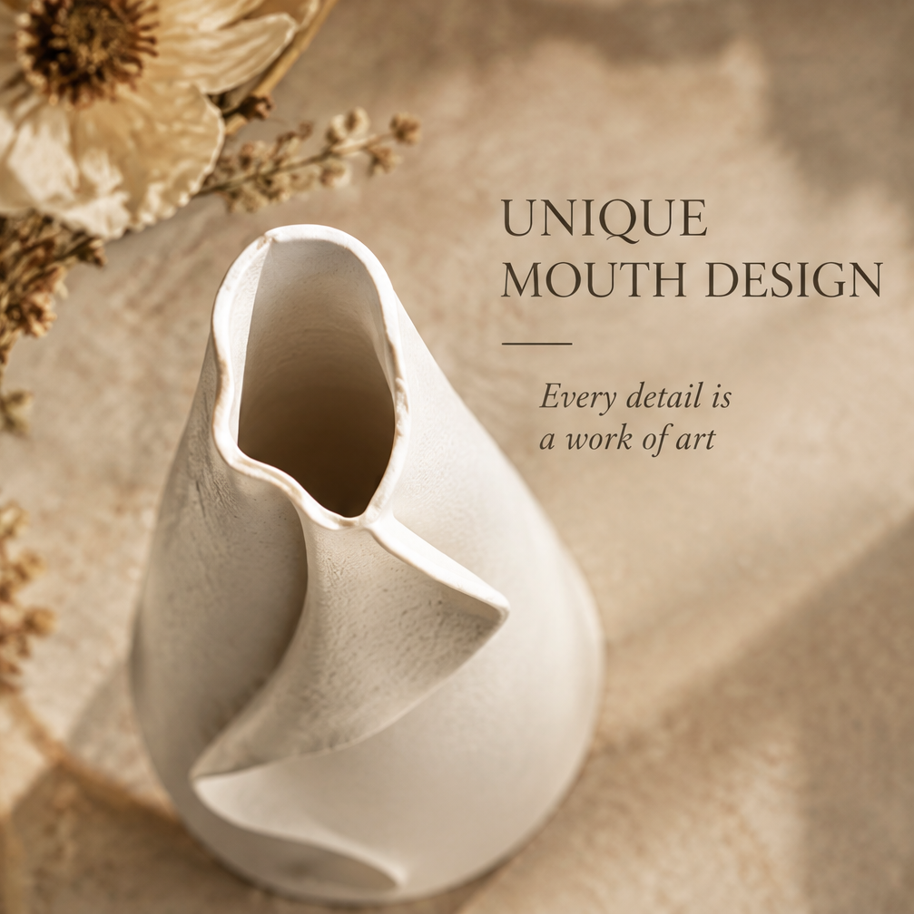 Top view of the cream ceramic ribbon vase showing its distinctive irregular opening