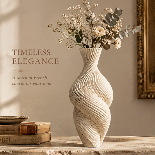 Cream ribbed twist vase styled with white flowers and leafy stems beside stacked books