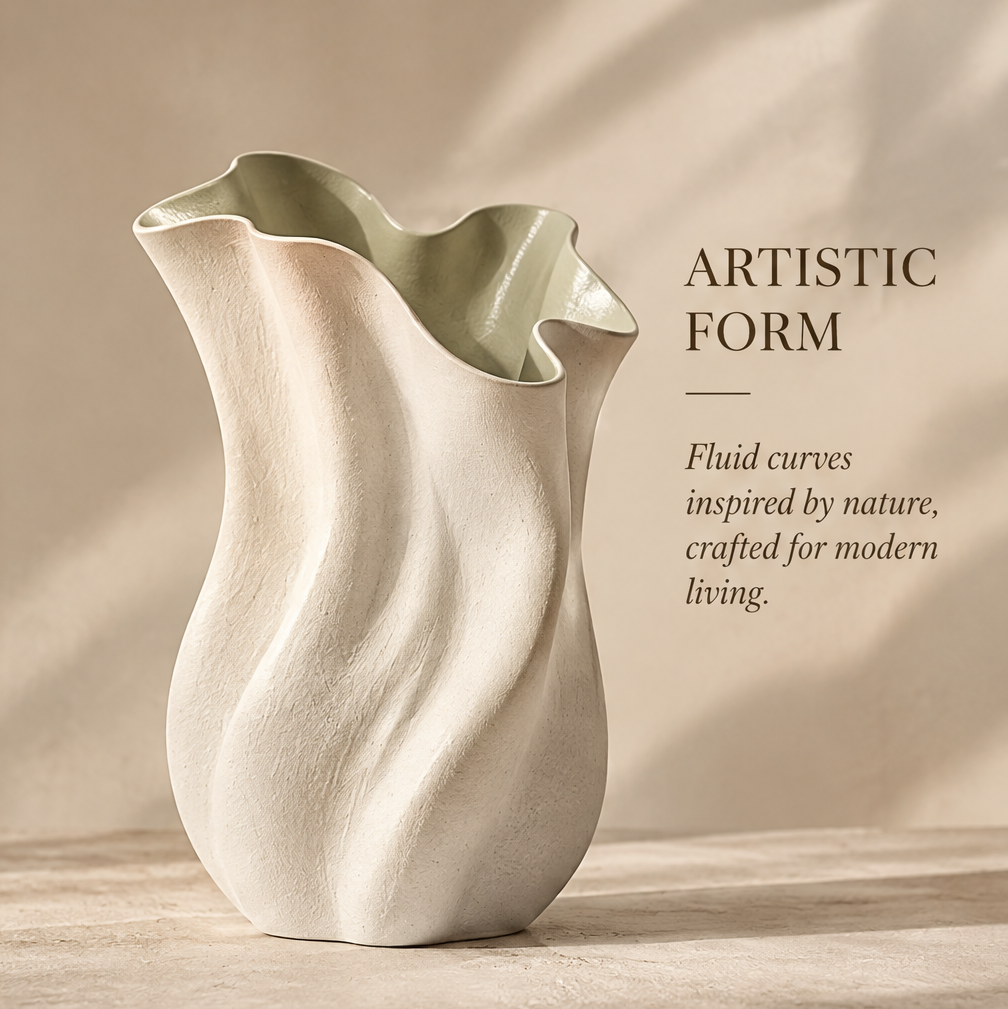 Cream sculptural wave vase shown in full view with a ruffled rim and muted sage-toned interior