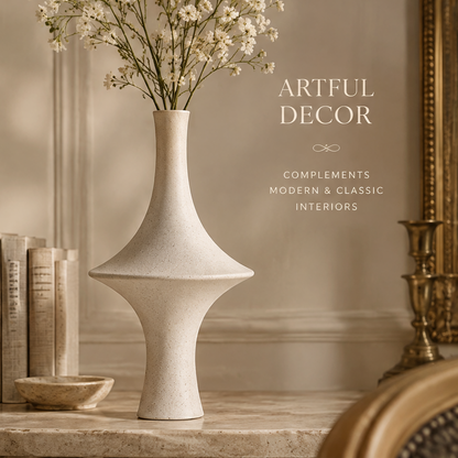Wide-shoulder ceramic vase styled with white flowering stems on a console beside books and candleholders