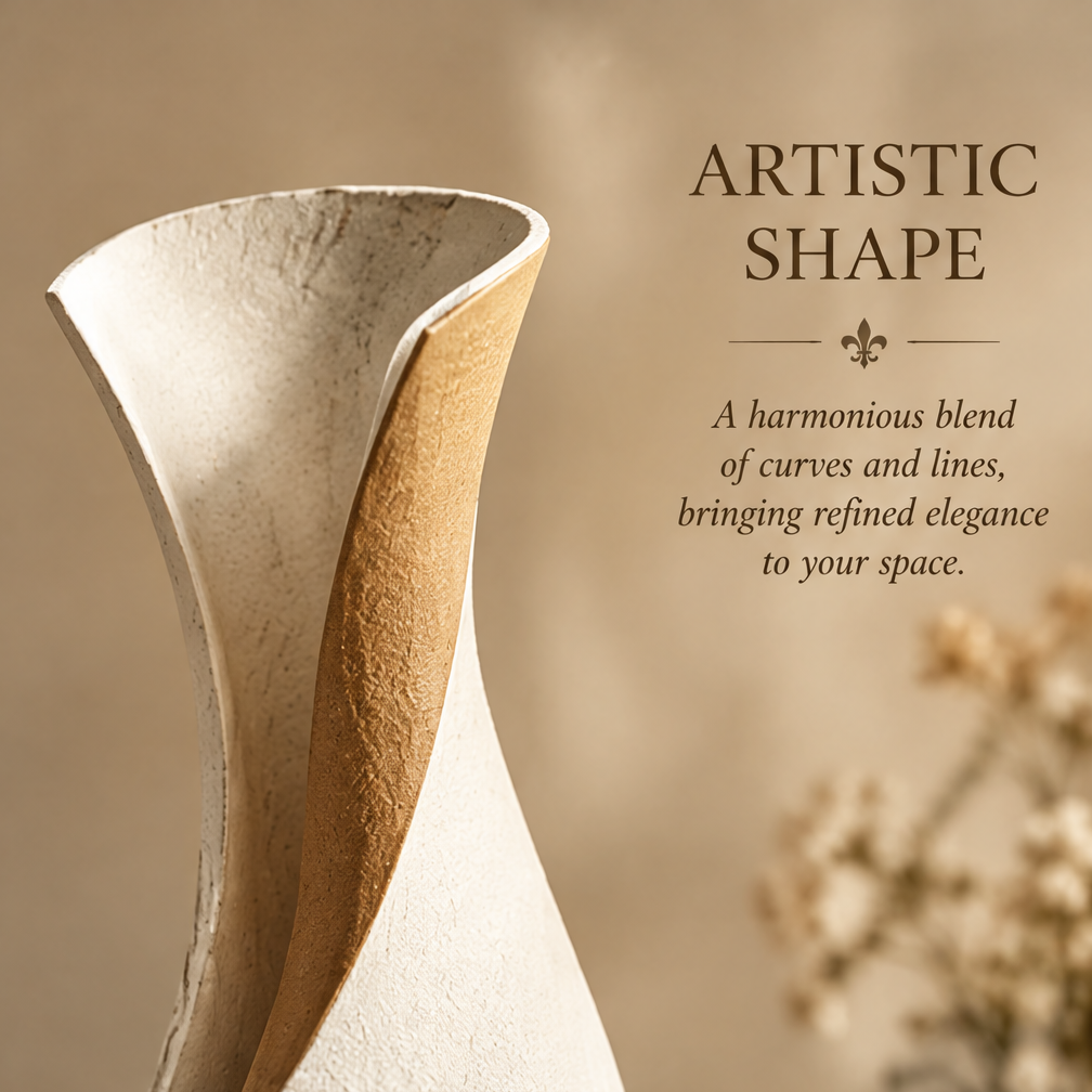 Close-up of the two-tone vase's flared rim and sweeping cream and ochre curves