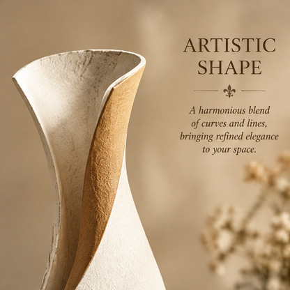 Close-up of the two-tone vase's flared rim and sweeping cream and ochre curves