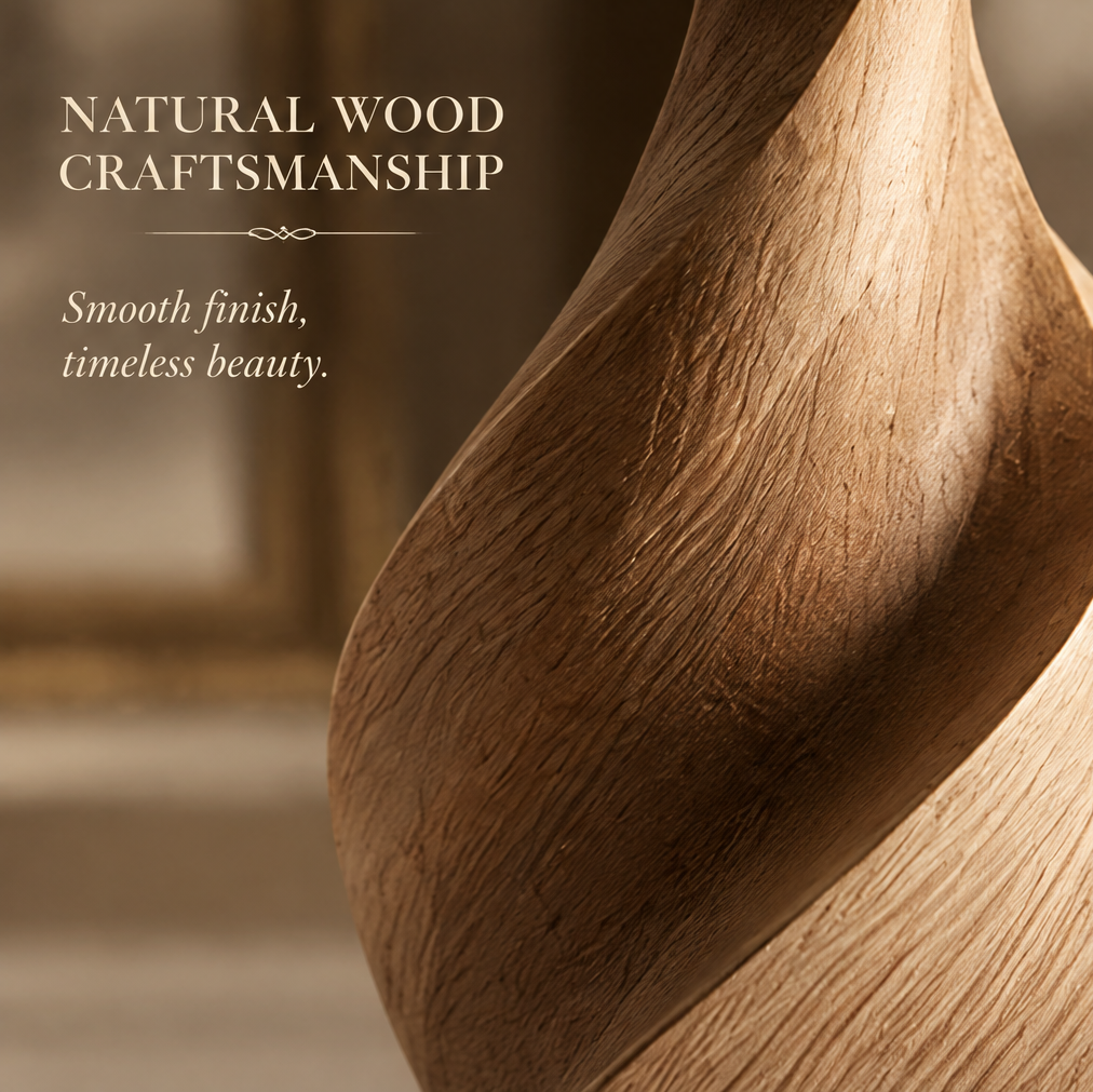 Close-up of the spiral vase showing natural wood grain along its curved surface
