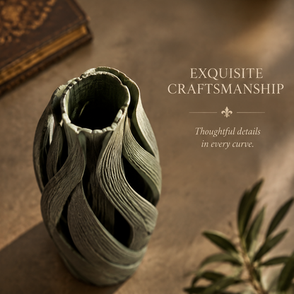 Top view of the olive green twist vase showing its central opening and layered curved rim
