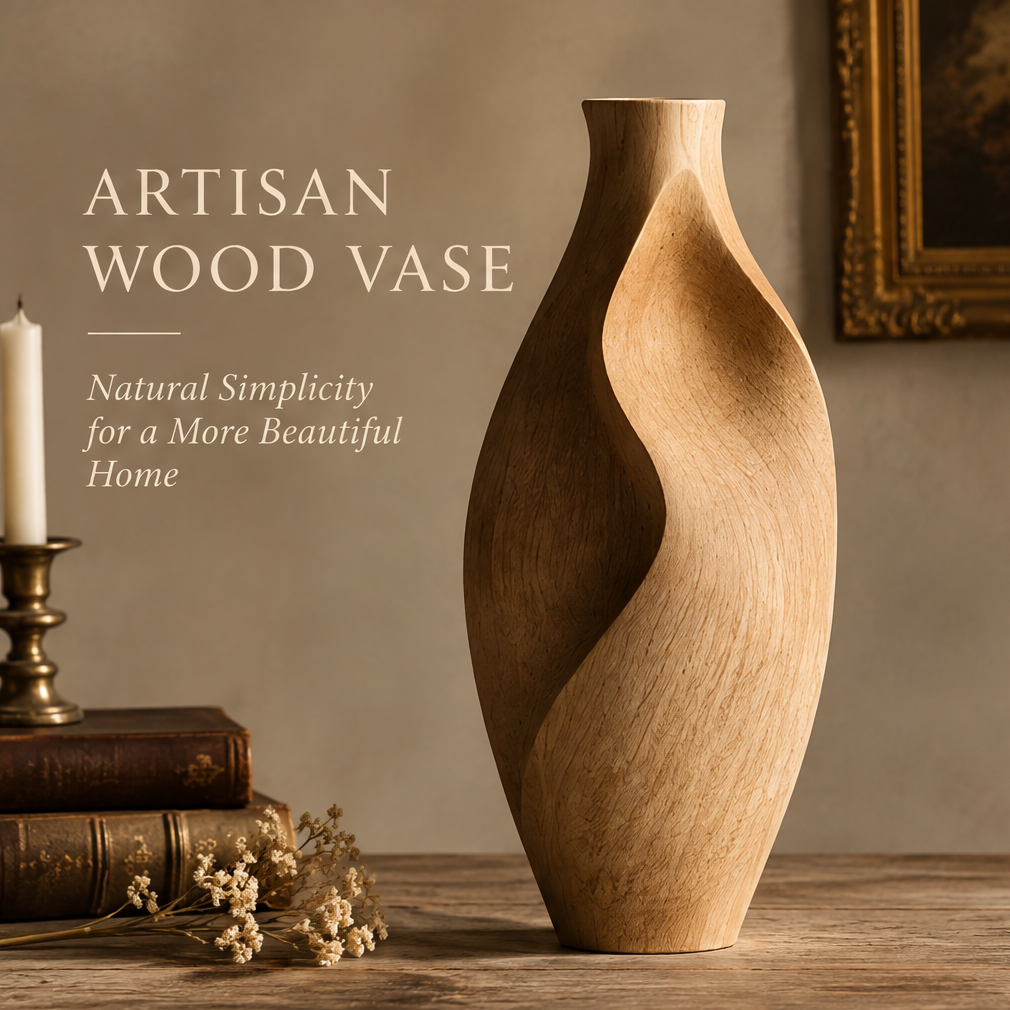 Natural wood twist vase with a flowing sculptural silhouette displayed beside books and a candle