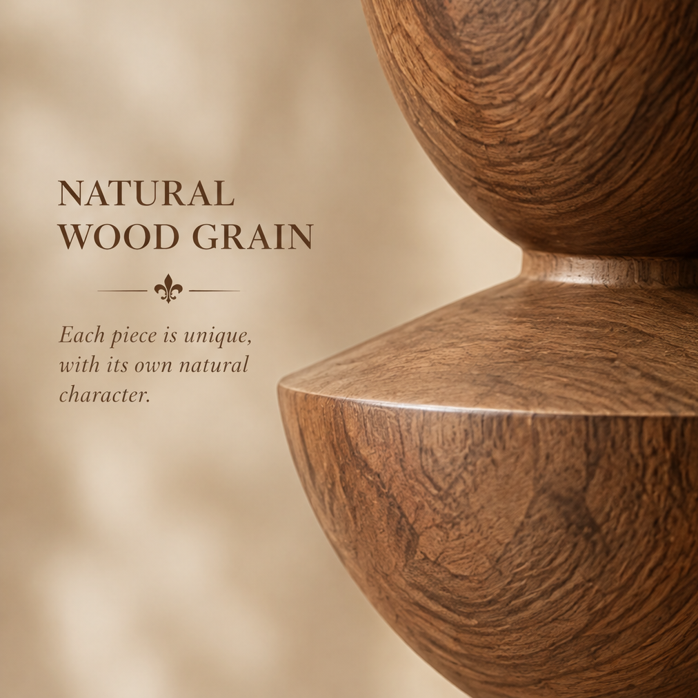 Close-up of natural wood grain on the rounded sections of the tiered vase