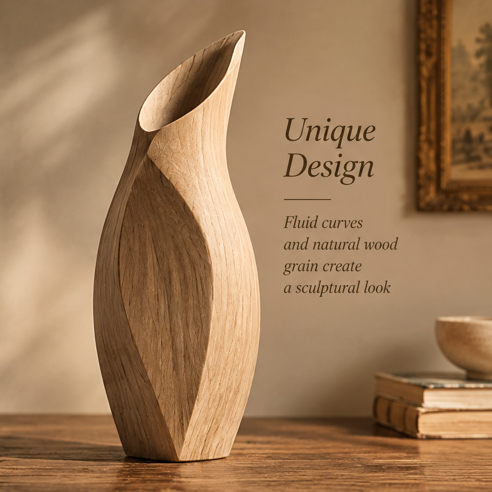 Wooden twist vase showing natural wood grain with text highlighting handcrafted artistry.