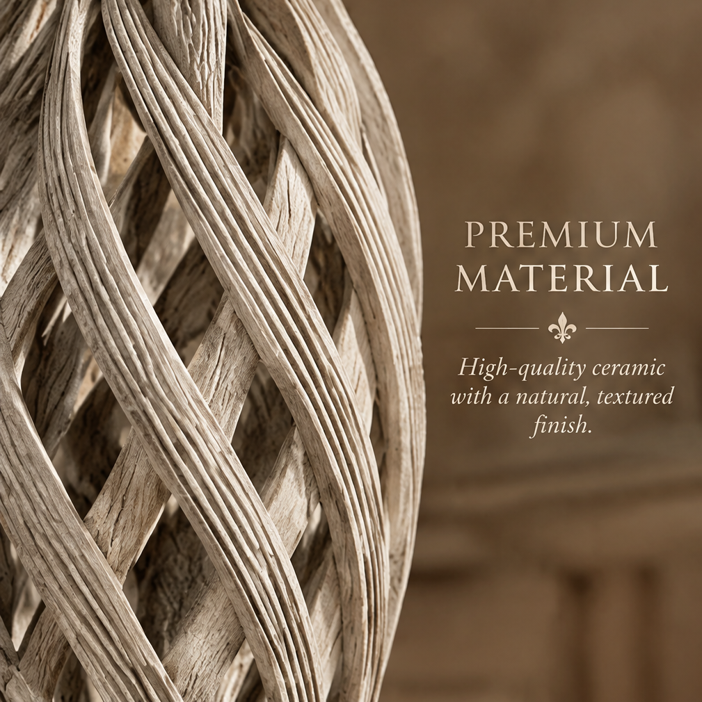 Close-up of the ceramic vase's interlacing curves and natural textured finish