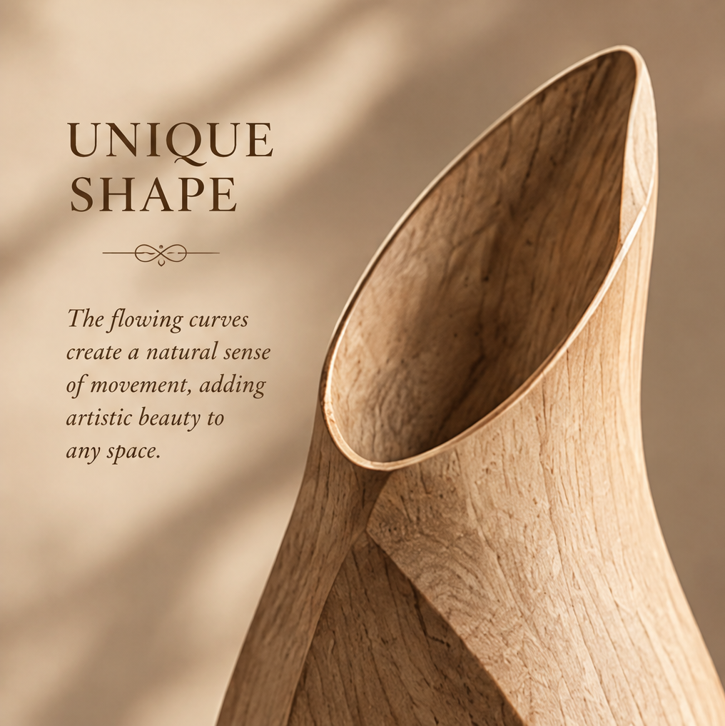 Natural wood twist vase with a slanted rim and flowers on a wooden table beside books.