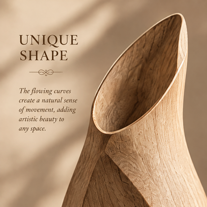 Natural wood twist vase with a slanted rim and flowers on a wooden table beside books.