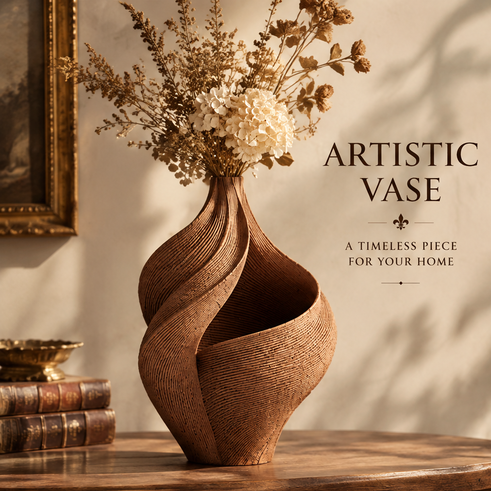 Brown open-swirl vase styled with dried flowers beside books and a decorative bowl