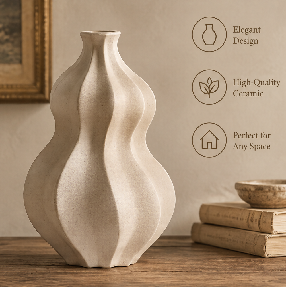Cream ceramic wave vase shown in full view, with flowing vertical curves and a narrow neck