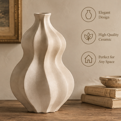 Cream ceramic wave vase shown in full view, with flowing vertical curves and a narrow neck