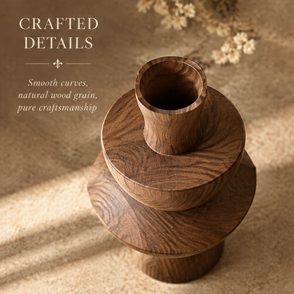 Top view of the tiered wood vase showing its round opening and curved sections