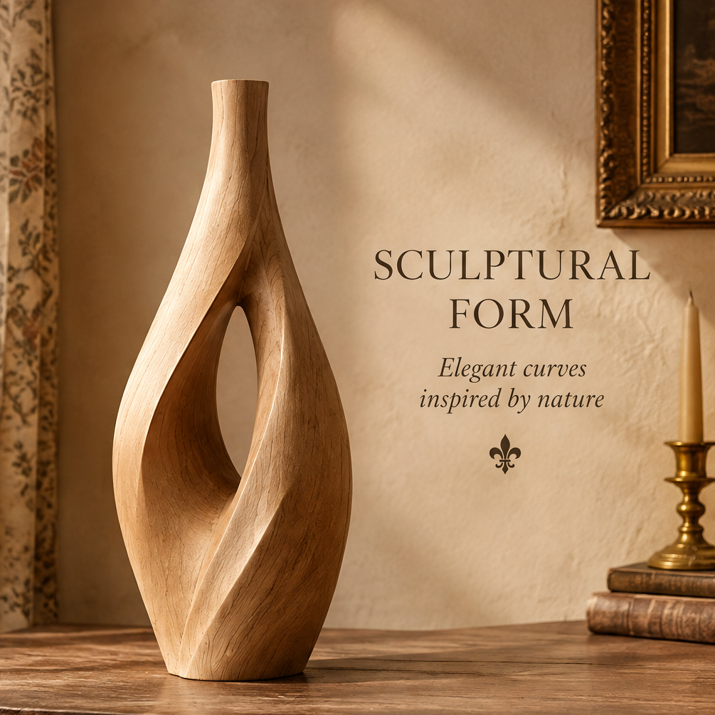 Light wood sculptural vase with a slender neck, flowing curves, and an elongated open center