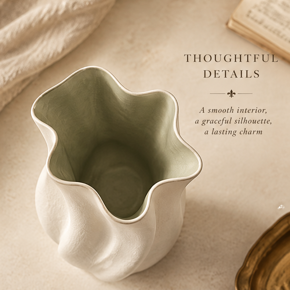 Top view of the sculptural wave vase showing its wide ruffled opening and smooth interior