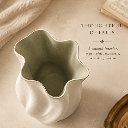 Top view of the sculptural wave vase showing its wide ruffled opening and smooth interior