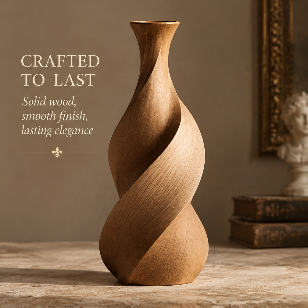 Solid wood spiral vase shown in full view, with flowing curves, a slender neck, and a flared rim