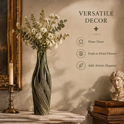 Olive green openwork vase with flowers displayed on a console beside a candleholder and classical bust