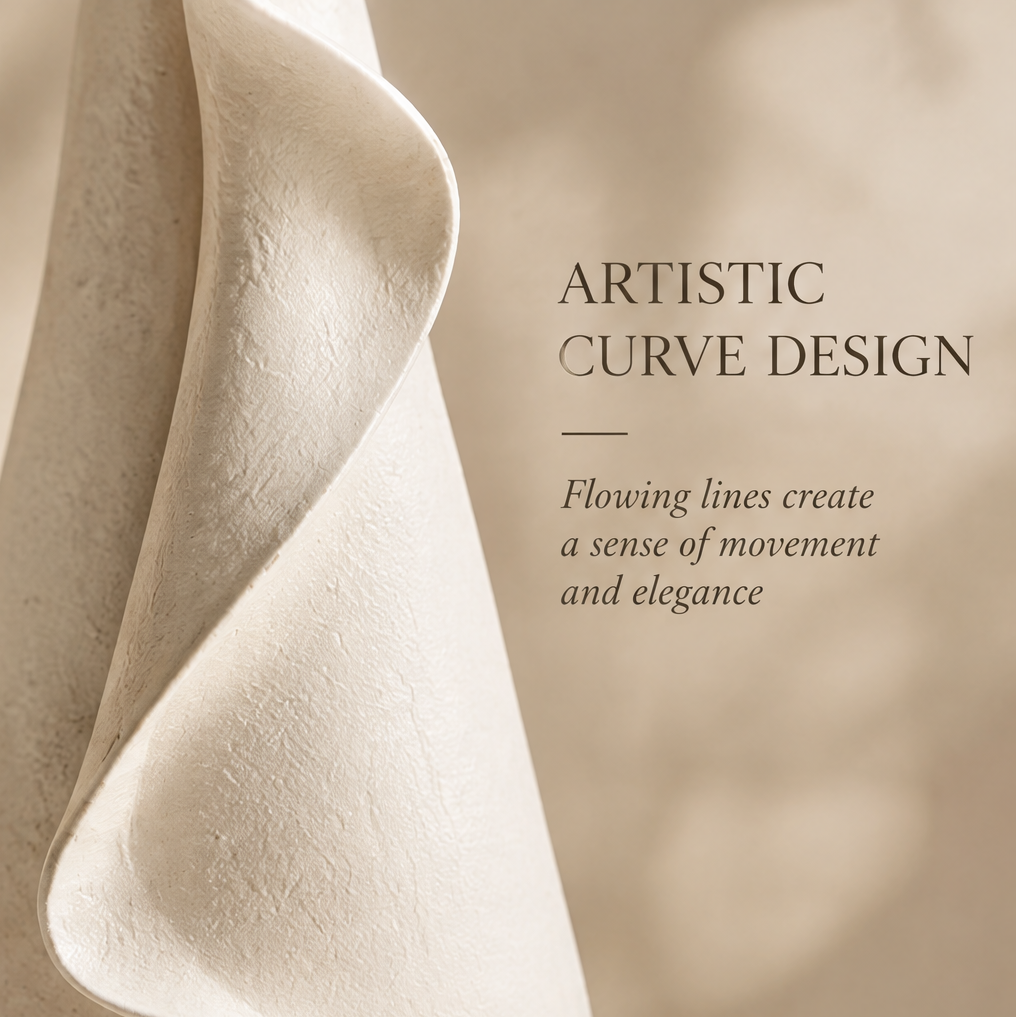 Close-up of the vase's flowing ribbon-like curve and delicate matte ceramic texture