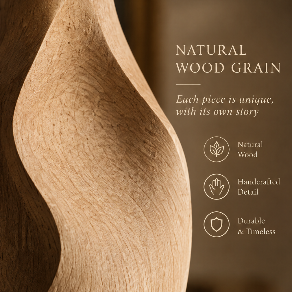 Close-up of the twist vase showing natural wood grain and sculptural detailing