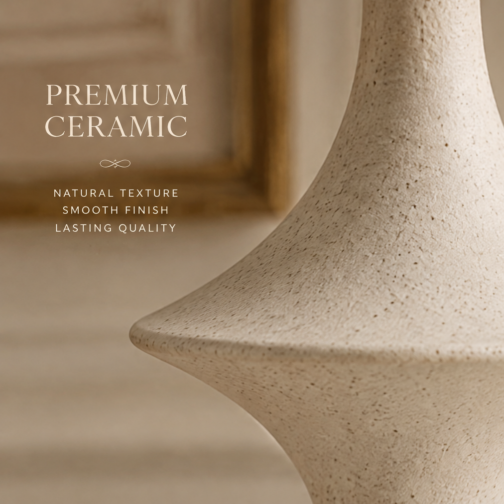 Close-up of the ceramic vase's flared shoulder showing its cream color and subtle speckled texture