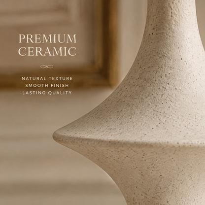 Close-up of the ceramic vase's flared shoulder showing its cream color and subtle speckled texture