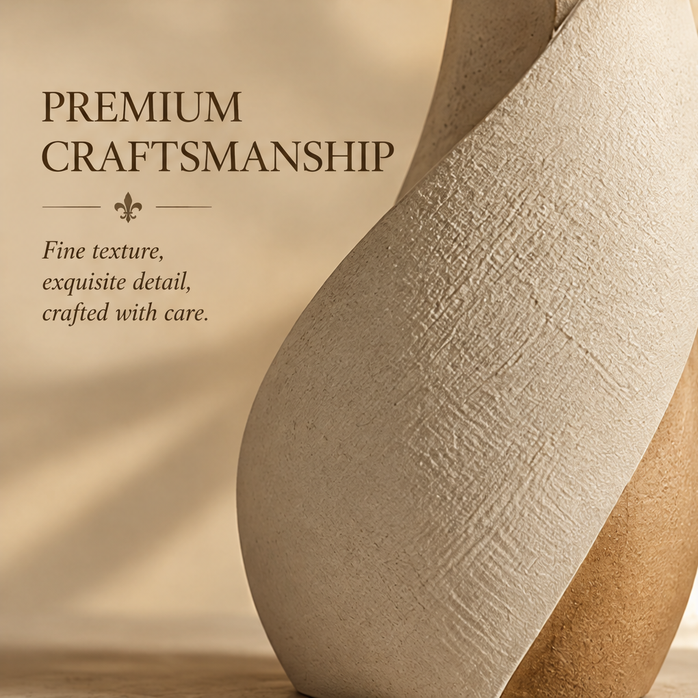Close-up of fine surface texture on the cream and ochre curved sections of the twist vase