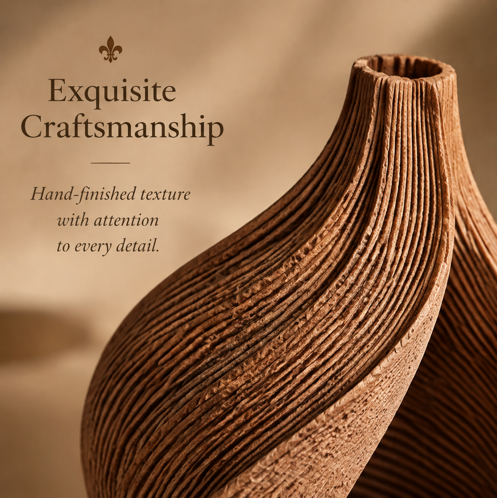 Close-up of the vase's narrow neck and hand-finished layered surface texture